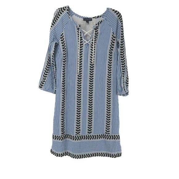 Tribal Femme Dress Bohemian Embroidered Beach Blue Size S 3/4 Sleeve Pocket Boho - Picture 1 of 10